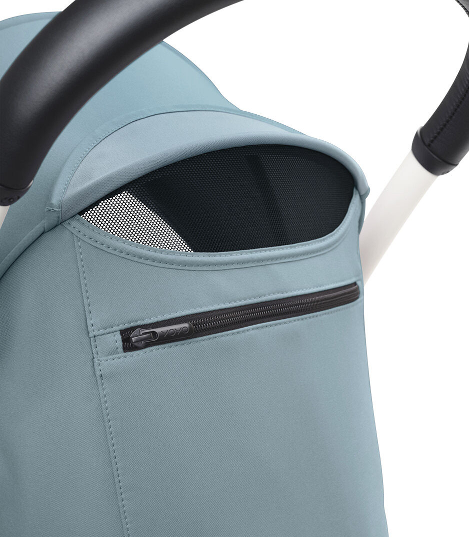 Stokke® YOYO3® 6+ Aqua. White Frame. Canopy ventilation open, close-up. galery image 6